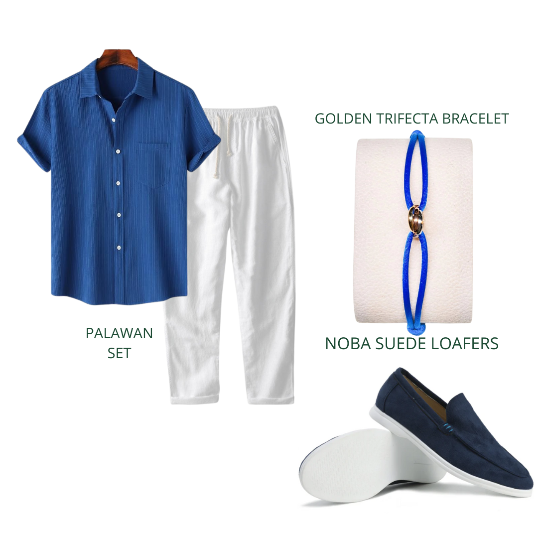 Navy Blue 4 Piece Set – Old Money Style Outfit for Men with Cotton Shirt, White Pants, Suede Loafers & Bracelet