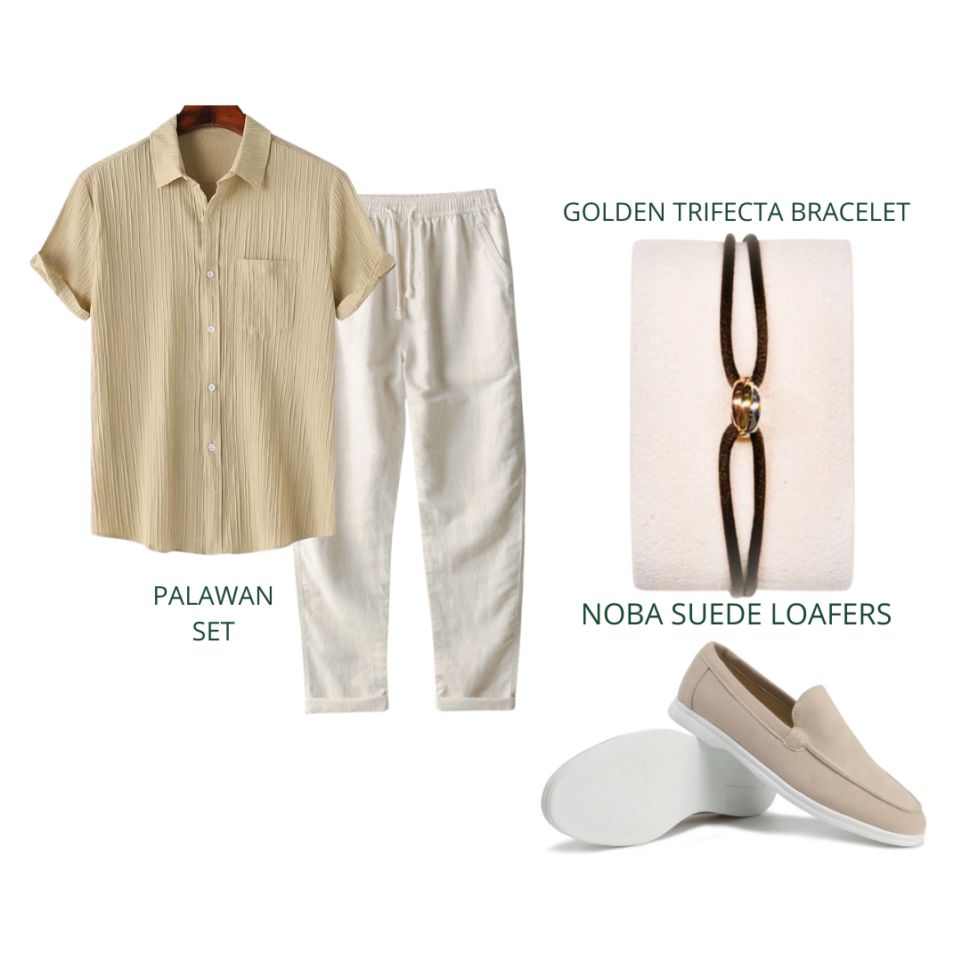 Sahara Sand 4 Piece Set – Old Money Style Outfit for Men with Beige Cotton Shirt, Pants, Suede Loafers & Bracelet