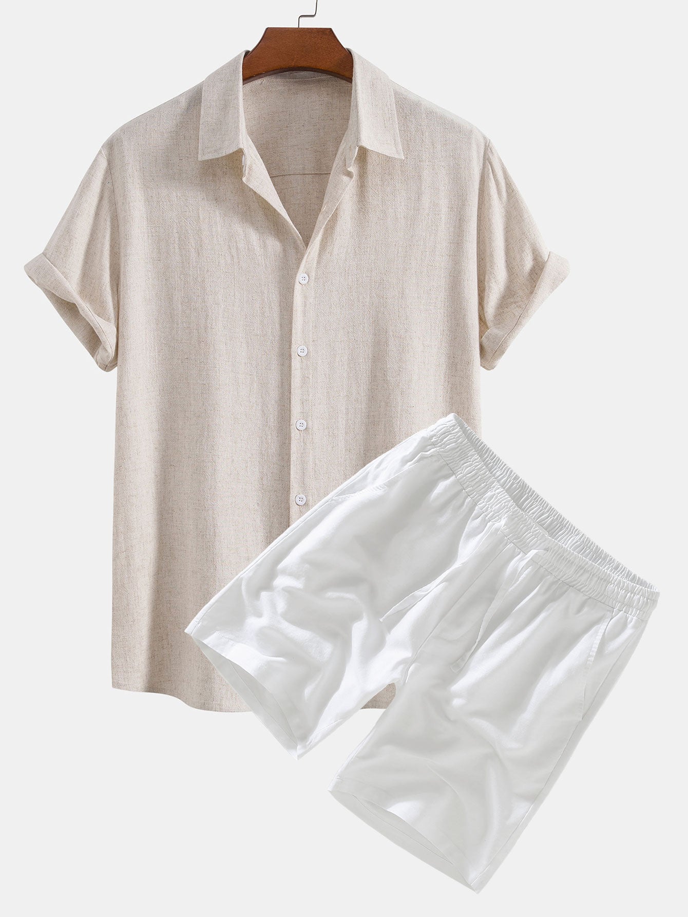 Café Crème Set – Old Money Style Outfit for Men with Beige Cotton Shirt, White Shorts & Suede Loafers