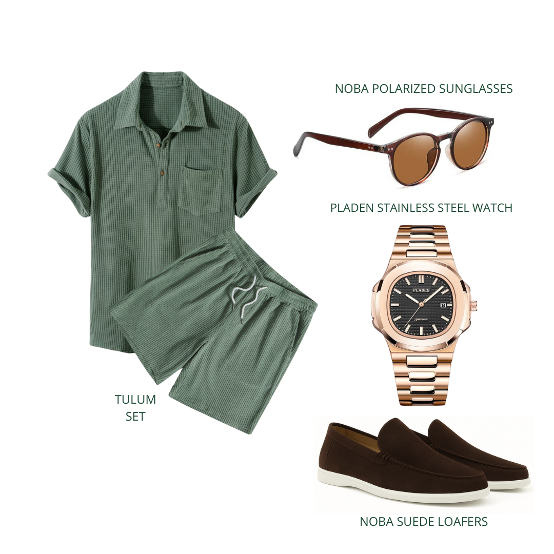 Tobacco & Pine Set – Old Money Style Outfit for Men with Green Cotton Shirt, Shorts & Brown Suede Loafers