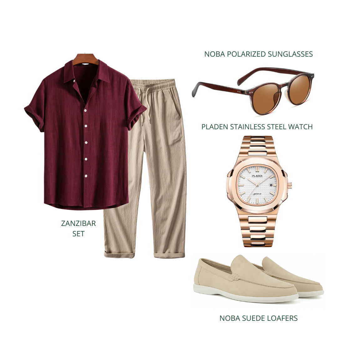 Maroon Affair Set – Old Money Style Outfit for Men with Cotton Shirt, Beige Pants & Suede Loafers
