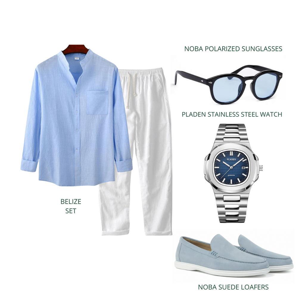 Blue Linen Club Set – Old Money Style Outfit for Men with Linen Shirt, White Cotton Pants & Suede Loafers