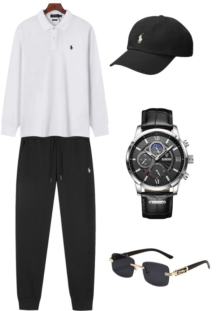 Ralph Lauren Full Outfit Set – Old Money Style Men with Polo Shirt, Sweatpants, Hat, Watch & Sunglasses